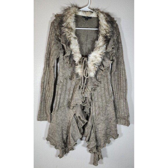 Slonl Cardigan Long Open-Front with Ruffle Detailing & Faux Fur Collar Size S - Picture 1 of 11